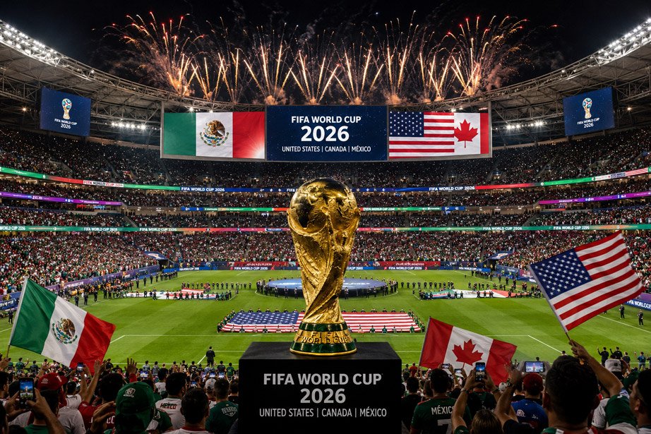 Trofi Piala Dunia FIFA 2026 di stadion modern dengan ribuan suporter dari berbagai negara.